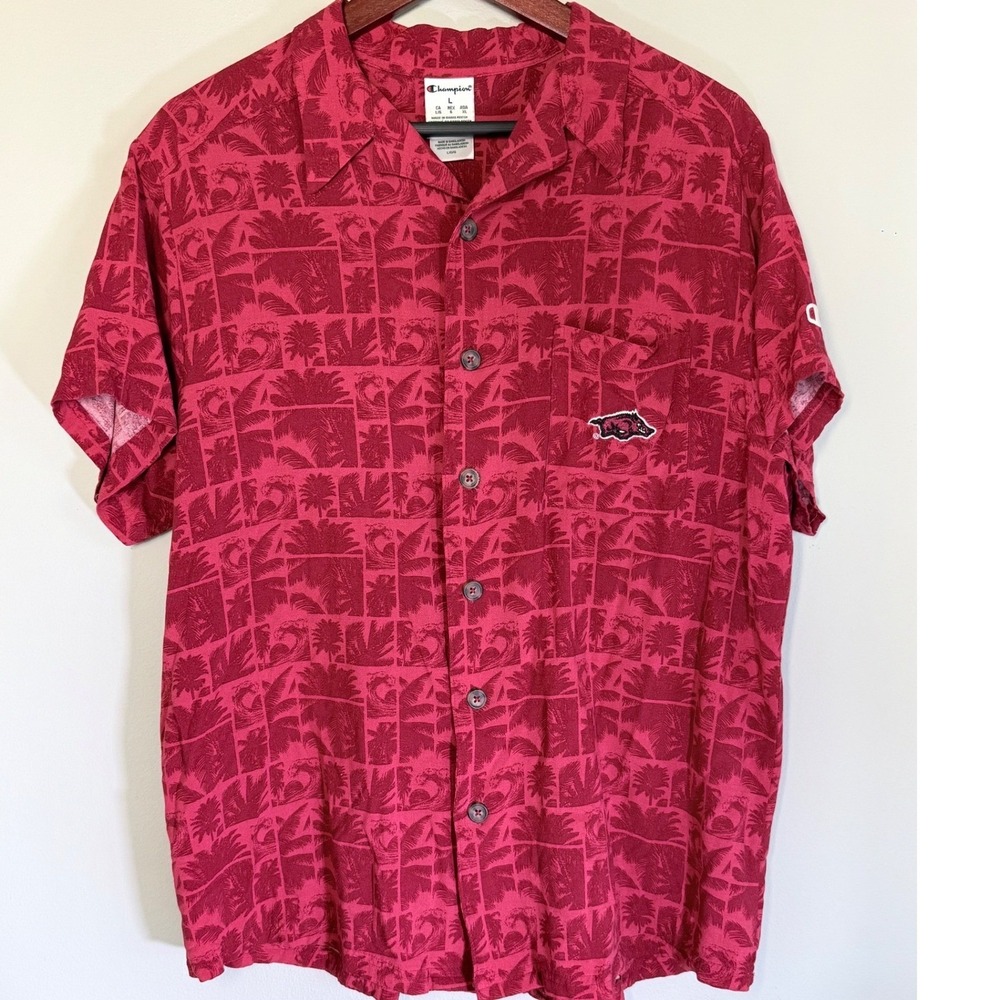 Champion Mens L Red Arkansas Razorbacks Tropical Palm Print Camp Shirt NCAA Fan